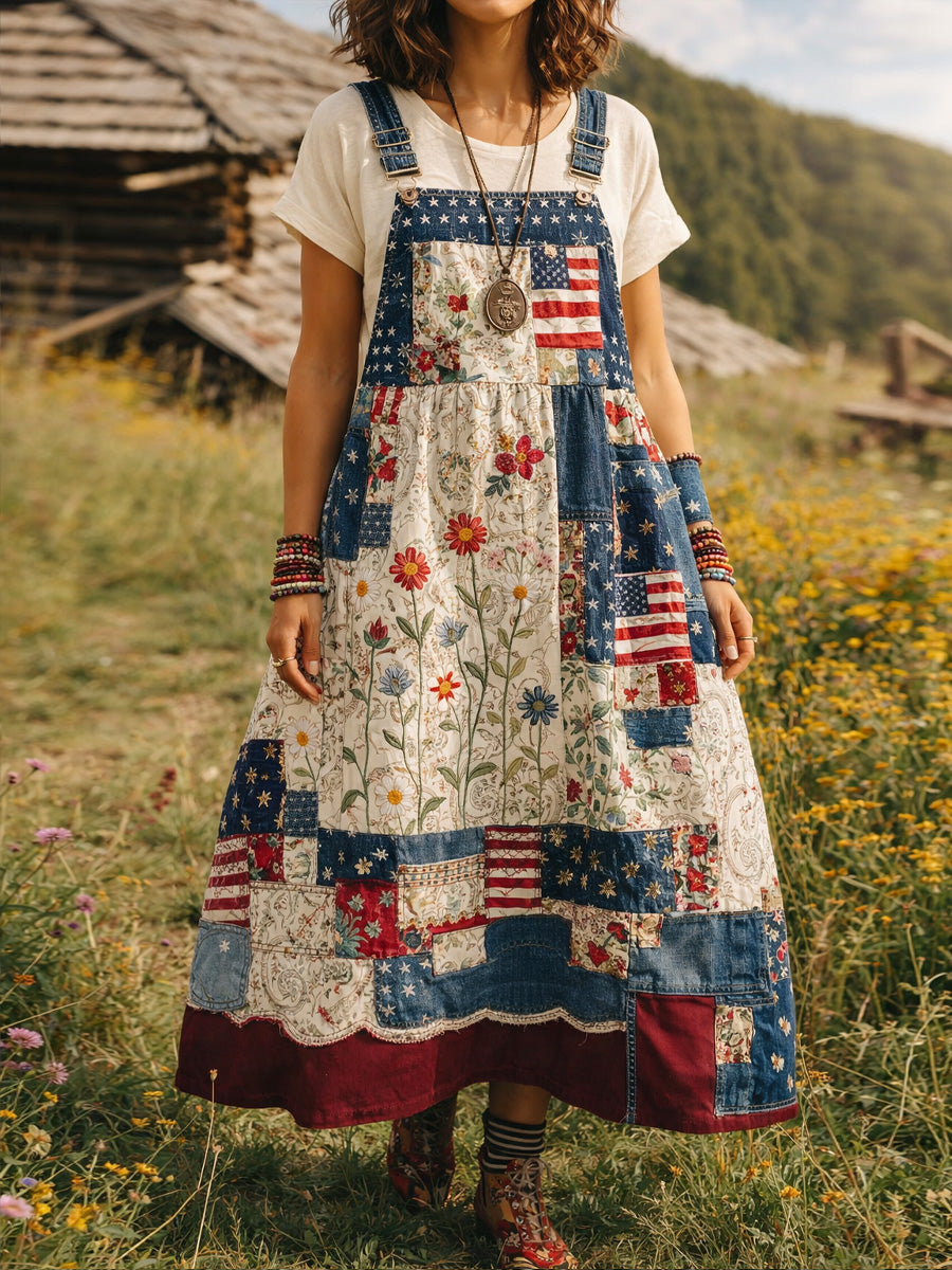 Women's Retro Floral Color-Blocked Art Print Washed Denim Workwear Shoulder Strap Dress